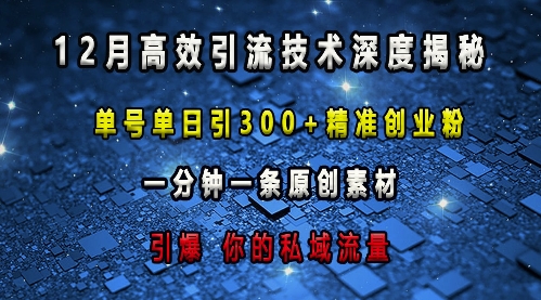 最新高效引流技术深度揭秘 ，单号单日引300+精准创业粉，一分钟一条原创素材，引爆你的私域流量-E六资源