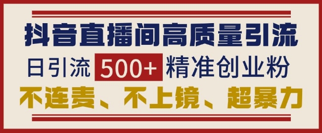 抖音直播间引流创业粉，无需连麦、不用上镜、超暴力，日引流500+高质量精准创业粉-E六资源