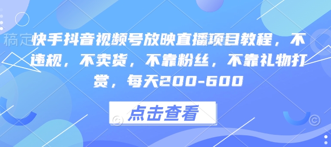 快手抖音视频号放映直播项目教程，不违规，不卖货，不靠粉丝，不靠礼物打赏，每天200-600-E六资源