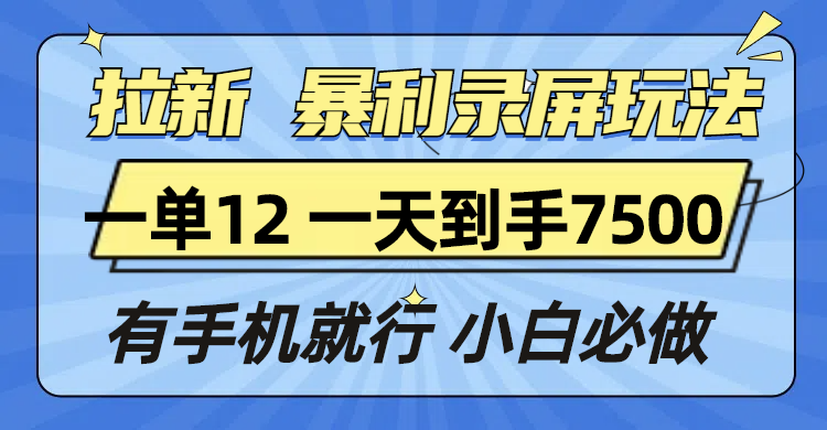 拉新暴利录屏玩法，一单12块，一天到手7500，有手机就行-E六资源