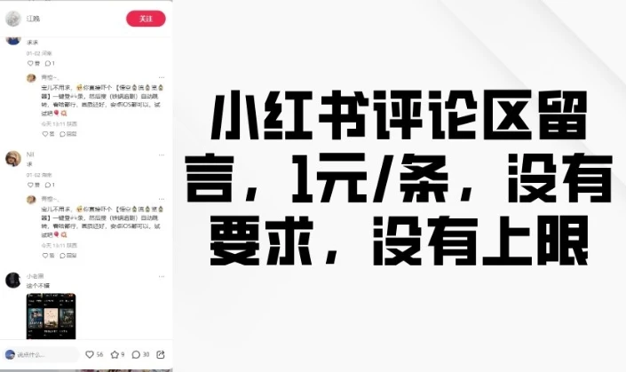 图片[1]-小红书评论区留言，1元条，没有要求，没有上限-E六资源