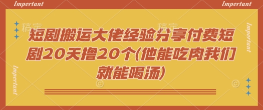 短剧搬运大佬经验分享付费短剧20天撸20个(他能吃肉我们就能喝汤)-E六资源