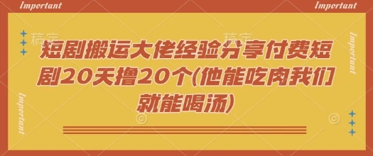 图片[1]-短剧搬运大佬经验分享付费短剧20天撸20个(他能吃肉我们就能喝汤)-E六资源