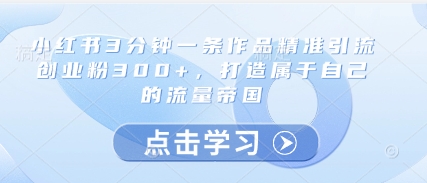 小红书3分钟一条作品精准引流创业粉300+，打造属于自己的流量帝国-E六资源