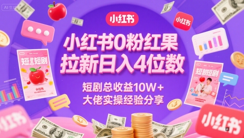 小红书0粉红果短剧拉新日入4位，数短剧总收益10W+大佬实操经验分享-E六资源