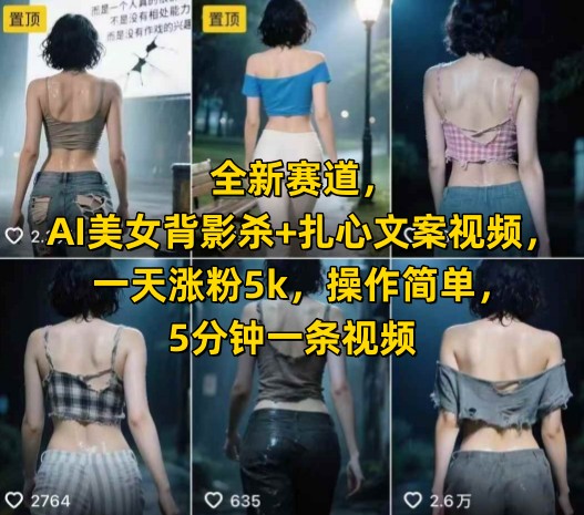 全新赛道，AI美女背影杀+扎心文案视频，一天涨粉5k，操作简单，5分钟一条视频-E六资源