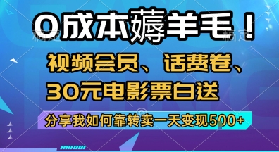 0成本薅羊毛!视频会员、话费卷、30元电影票白送，分享我如何靠转卖一天变现5张+-E六资源