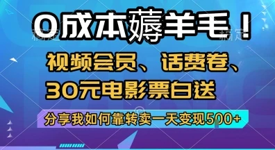 图片[1]-0成本薅羊毛!视频会员、话费卷、30元电影票白送，分享我如何靠转卖一天变现5张+-E六资源