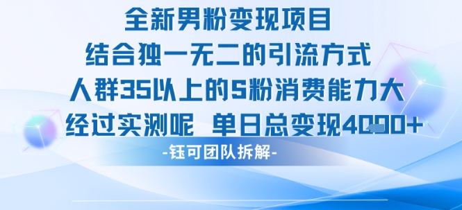 全新男粉变现项目引流人群35以上的男粉消费能力大 经过实测单日变现1k+-E六资源