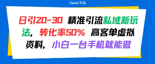 日引 20-30 精准引流私域新玩法，转化率50% 高客单虚拟资料，小白一台手机就能做-E六资源