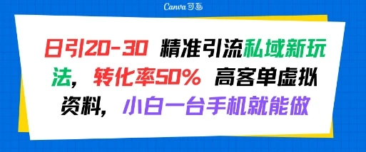 图片[1]-日引 20-30 精准引流私域新玩法，转化率50% 高客单虚拟资料，小白一台手机就能做-E六资源