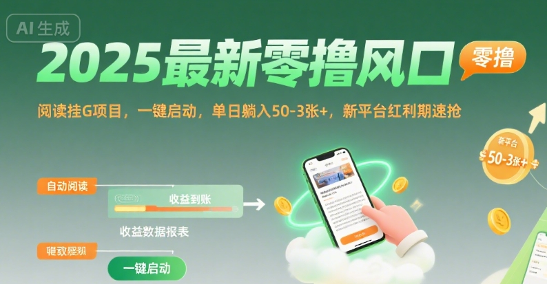 2025最新零撸风口，阅读挂G项目，一键启动，单日躺入 50-3张+，新平台红利期速抢-E六资源
