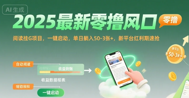 图片[1]-2025最新零撸风口，阅读挂G项目，一键启动，单日躺入 50-3张+，新平台红利期速抢-E六资源