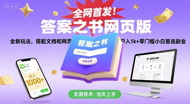 全网首发！答案之书网页版，全新玩法，搭配文档和网页，日入1k+零门槛小白首选副业-E六资源