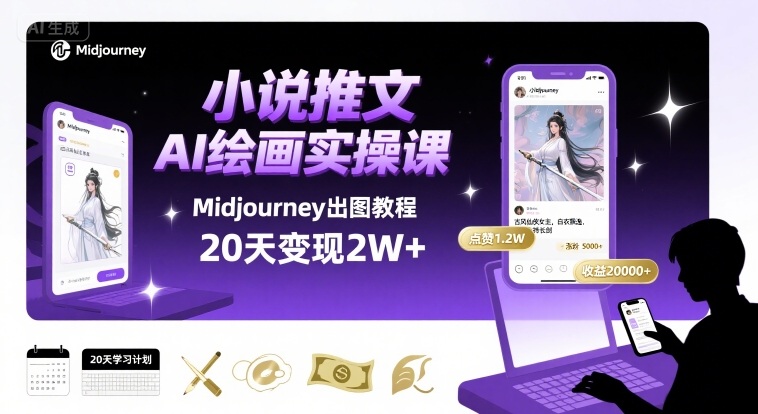 小说推文干货分享之AI绘画MJ出图实操课，用Midjourney做小说推文，20天挣2w-E六资源