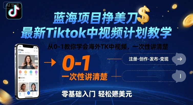 蓝海项目挣美刀，最新Tiktok中视频计划教学，从0-1教你学会海外TK中视频，一次性讲清楚-E六资源